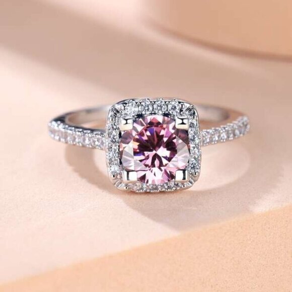 Sterling Silver 925 Pink Sapphire & Moissanite Halo Ring - Picture 4 of 6